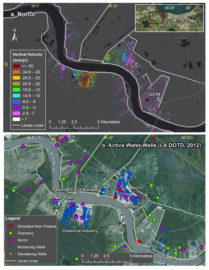 Top: Subsidence rates around Norco, Louisiana, and the location of flood protection levees (shown in white). Bottom: Location of water wells active in 2012, local industry and the Bonnet Carre Spillway. According to NASA, “the highest subsidence forms a bowl within the refinery site to the south of the river.” (Credits: NASA/JPL-Caltech, Esri)